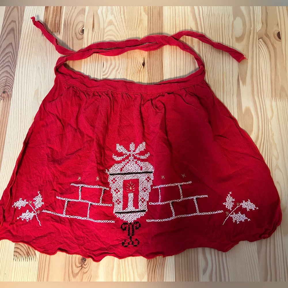 Vintage Red hand Embroidered Christmas skirt apron